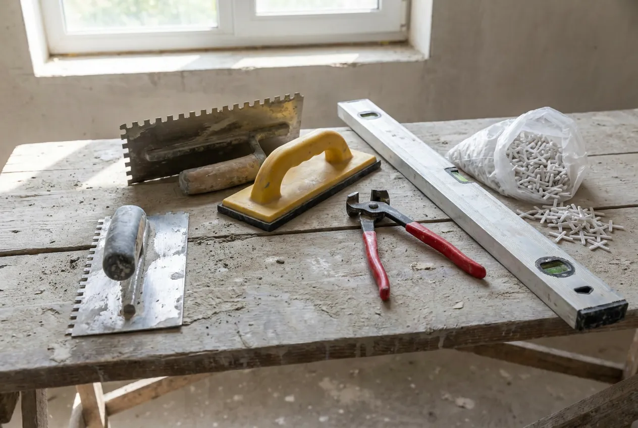 Outils de carreleur posés sur un plan de travail